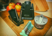 Some of the latest in kitchen knife sharpeners, clockwise from left: A.G. Russell Field Sharpener, Work Sharp Culinary E5, Camillus Extreme Edge V2 Knife & Shear Sharpener, and Smith's Products Slide Sharp Edge Grip 4 Slot Sharpener.