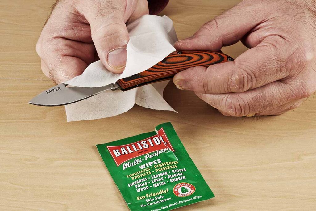 Ballistol multipurpose oil wipes to prevent rust on knives