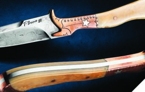 Order: 210420_Travis_Payne
Maker: Travis Payne
Email: tbone7599@yahoo.com
Phone: 903-640-6484
Instagram: @tbone7599
Knife Info: Gal Leg knife with ADS steel, copper bolsters engraved by Matt Litz, and mammoth ivory scales.