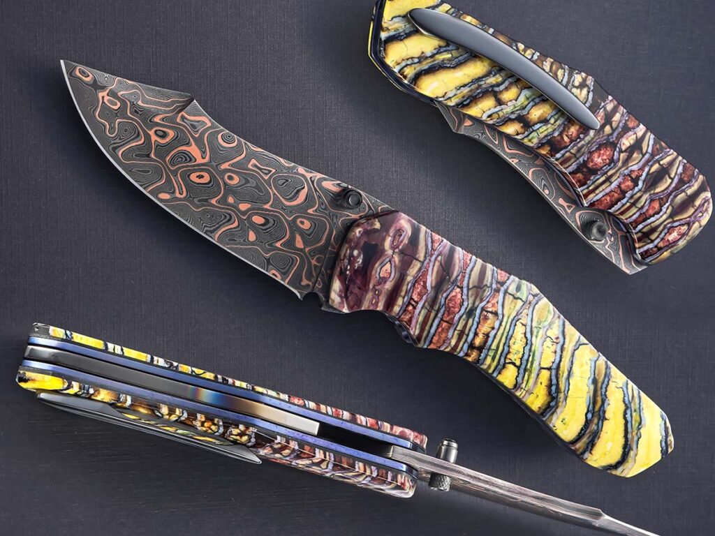The Boomslang linerlock folder by K.C. Gray boasts a 4-inch blade of CuMai copper damascus by Baker Forge & Tool, mammoth molar scales, zirconium furniture and hidden hardware. Closed length: 5 inches. Gray’s price for a similar knife: $2,500. (SharpByCoop knife image)