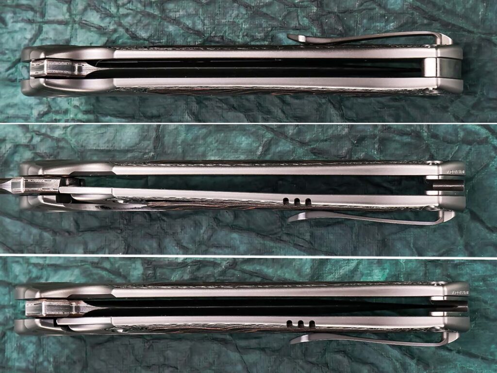 As K.C. Gray observed, the “percent of lockup” refers to how much the spring/lockbar travels across the lock face toward the opposite liner. “I think most makers would say 40 to 50 percent would be the correct range,” he opined. Brian Nadeau appears to achieve that range (far right, middle panel, top) with his dragon-themed linerlock. (SharpByCoop image)