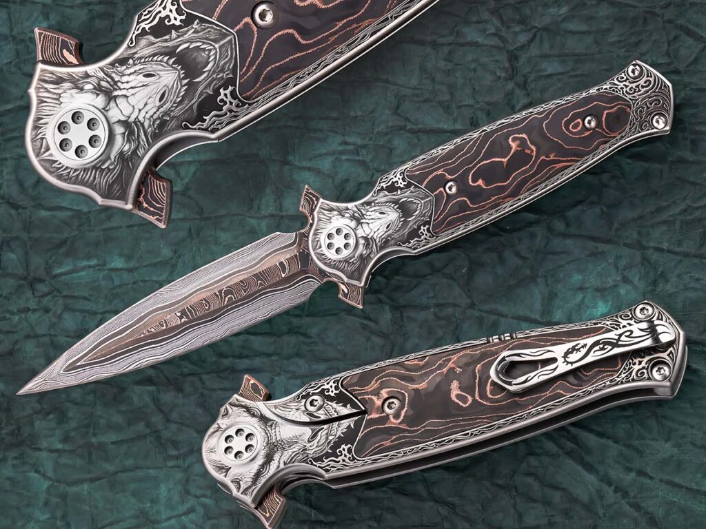 Viewed straight on two-dimensionally, some folders scream linerlock while others do not. The linerlock folding dagger by Brian Nadeau with dragon engraving by Vitalij Quaranta fits the latter category. (SharpByCoop image)