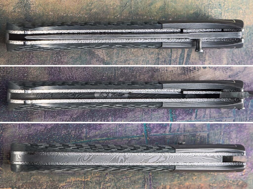 Ethan Kolar uses an unusual material for the liners of his Persian Style Linerlock—15N20 nickel-alloy steel—and stipples it to boot. “It’s a good, springy material and has good wear resistance allowing the lock to have a longer life before maintenance needs to be done or the lock needs to be extended,” he wrote. Ethan opts for a smaller spring (middle panel, top) on his Persian model. (SharpByCoop image)
