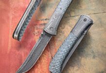 Ethan Kolar's sole-authorship Persian Style Linerlock folder offers up a blade of 160 layers of damascus in a Random Wave pattern. The handle is silver twill carbon fiber. His price for a similar model: $1,000. (SharpByCoop image)