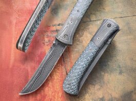 Ethan Kolar's sole-authorship Persian Style Linerlock folder offers up a blade of 160 layers of damascus in a Random Wave pattern. The handle is silver twill carbon fiber. His price for a similar model: $1,000. (SharpByCoop image)