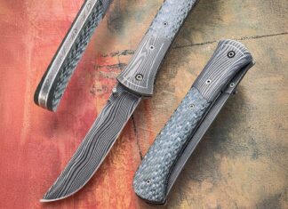 Ethan Kolar's sole-authorship Persian Style Linerlock folder offers up a blade of 160 layers of damascus in a Random Wave pattern. The handle is silver twill carbon fiber. His price for a similar model: $1,000. (SharpByCoop image)