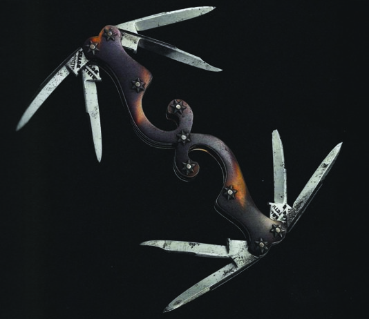 A sample of the stunning images from the Lorenzis’ new book is this 19th-century multi-blade folder for quill pens. (Dover, United Kingdom; maker: Hidler; from page 103 of Shining Blades)
