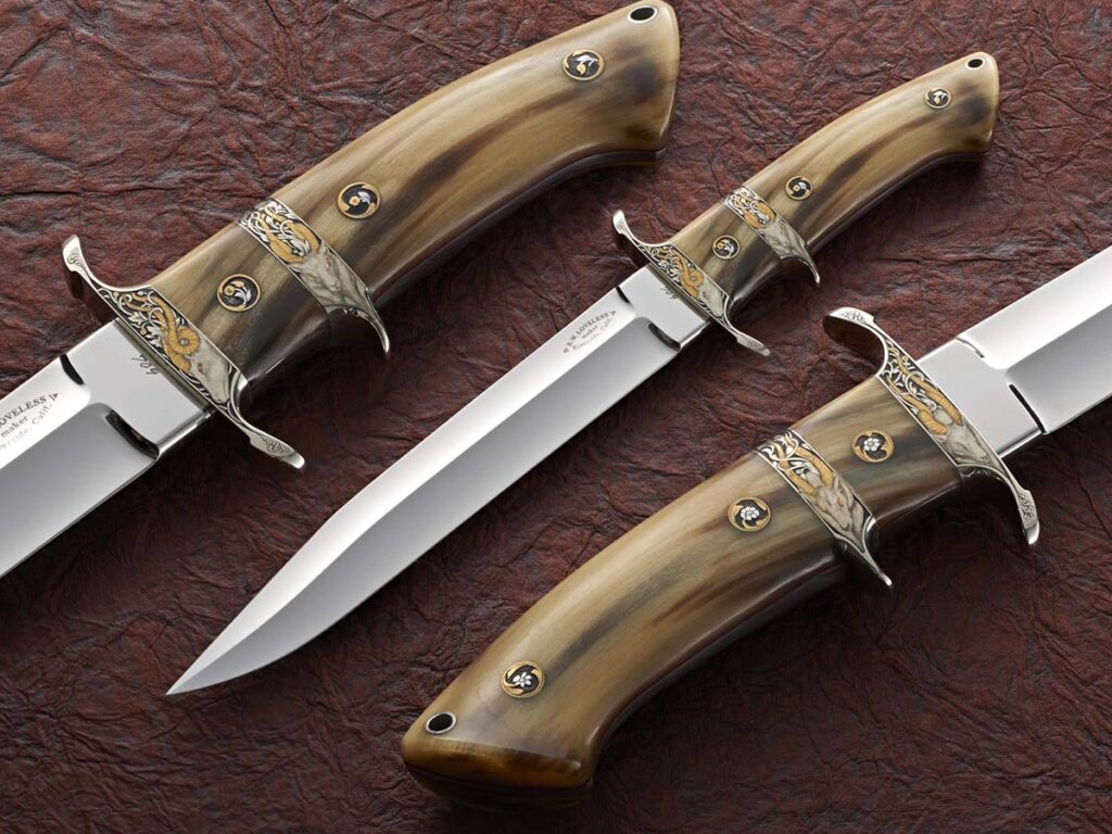It was his eye, perspective and sense of beauty and design that set Bob Loveless apart. Few if any of his knives capture these traits better than his Big Bear fighter in sheep horn and gold engraving by Dan Wilkerson. (from the John Denton collection; Eric Eggly/PointSeven image)