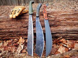(From left) Condor’s Roarlock, ESEE Expat El Deguello and TOPS Sneak Reaper excel at cutting through dense brush during spring and summer adventures.