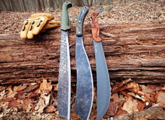 Machetes: Big Blades For The Summer’s Bad Bush (From left) Condor’s Roarlock, ESEE Expat El Deguello and TOPS Sneak Reaper excel at cutting through dense brush during spring and summer adventures.