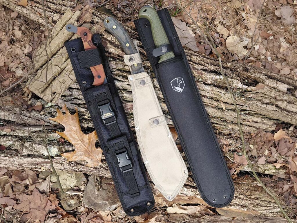 Three styles of machete sheaths for each trail tamer From left, the Sneak Reaper, El Deguello and Roarlock.