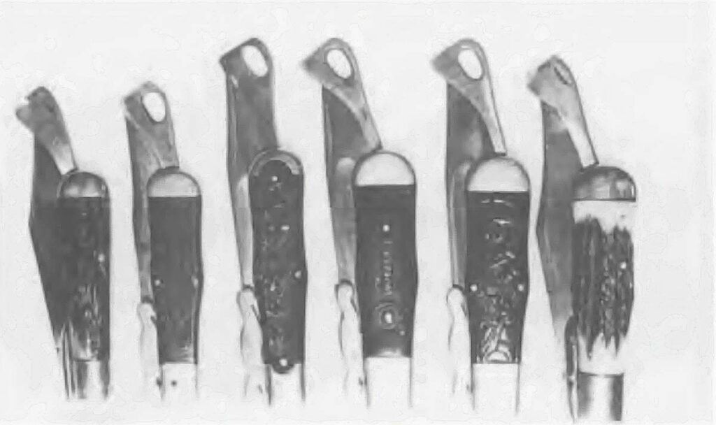 Six Marble folders from the article. Note how the guard extends from the handle to make the knives safe to carry in the pocket.