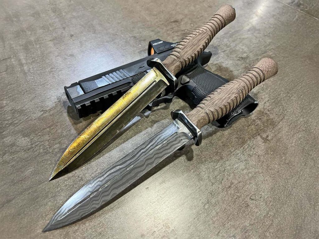 An excellent example of a collaboration between U.S. Marine veterans/knifemakers Allen Elishewitz and Les George is two iterations of the EGA (Elishewitz/George Association) Dagger, their spin on the iconic Fairbairn-Sykes dagger. The blade comes in a choice of CTS XHP stainless steel ($875 MSRP) and Chad Nichols stainless damascus ($1,200).