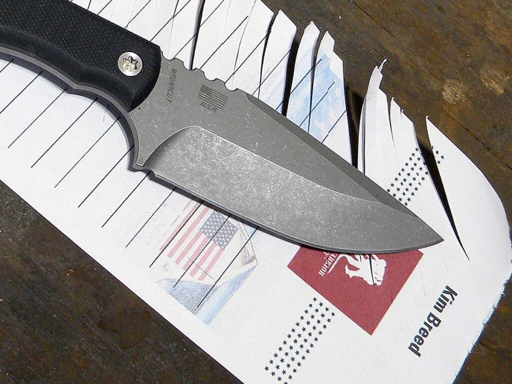 The author tested the edge of the FX MUK out of the box and after running it through a battery of cutting trials on 20-pound bond paper. In each case, it sliced the material aggressively and audibly.