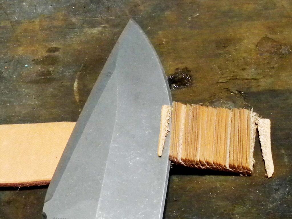 Skiving 8-ounce leather, the author continued to marvel at the feel of the FX MUK’s handle and didn’t find a hot spot on the knife. It also made quick work of the material, slicing it as quickly as the author could feed it to the knife’s edge.