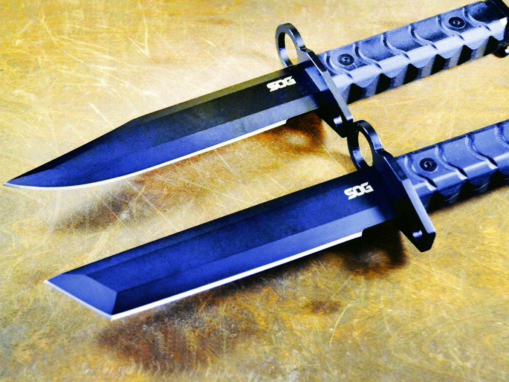 Two SOG bayonet offerings: the BAR15T Tanto and BAR15C Clip Point. The test tanto has a more than serviceable 5 inches of cutting edge.  