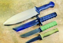 From top: CAS Iberia/APOC Wallace Smatchet, SOG BAR15T Tanto Bayonet, KA-BAR Dust II and Montana Knife Co. V24.