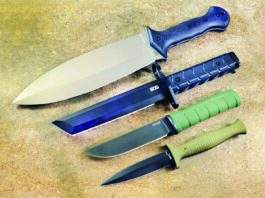 From top: CAS Iberia/APOC Wallace Smatchet, SOG BAR15T Tanto Bayonet, KA-BAR Dust II and Montana Knife Co. V24.