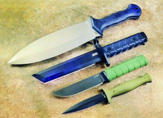 From top: CAS Iberia/APOC Wallace Smatchet, SOG BAR15T Tanto Bayonet, KA-BAR Dust II and Montana Knife Co. V24.