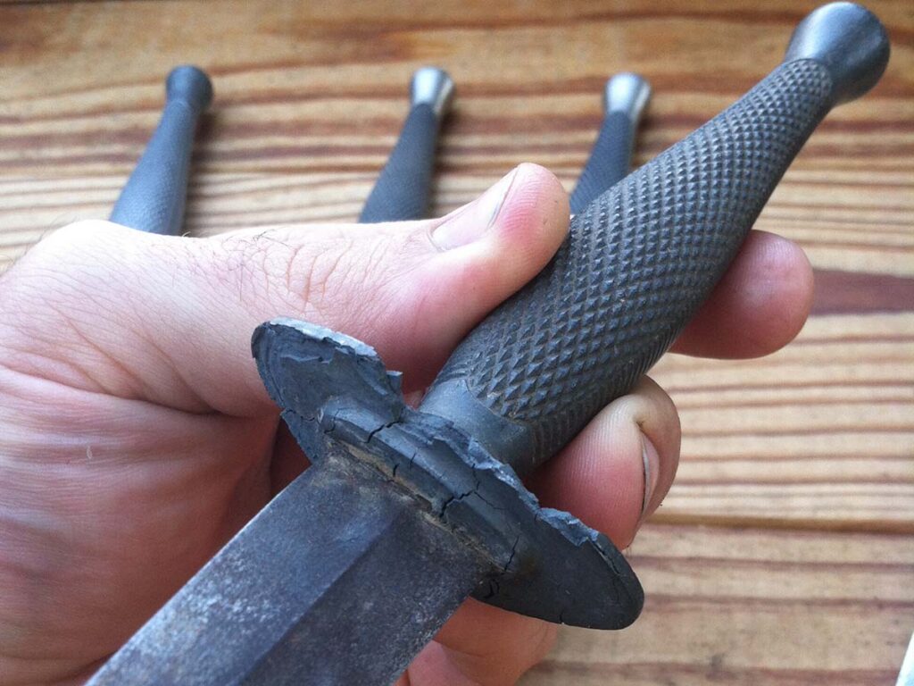 George considers the knife's handle the best designed of all the Fairbairn-Sykes derivatives. Unfortunately, this is also the dagger’s weak point as the metal used for the handle reacts with the air and disintegrates. (Les George image)