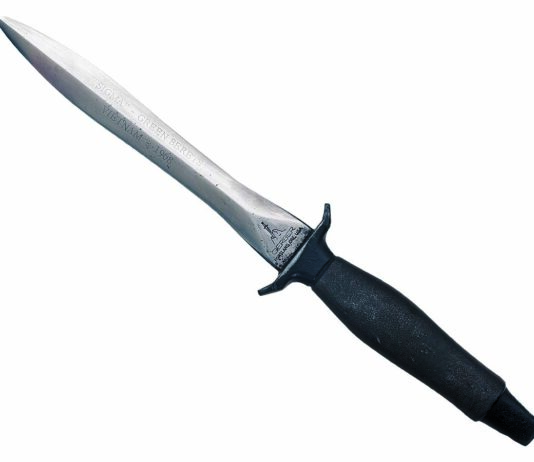 Designed by Clarence “Bud” Holzmann, the Gerber MK II gained legendary status during the Vietnam War and is still highly sought after today. Its defining feature was its wasp waist, a design adding to its penetration prowess. (Rock Island Auction Company image)