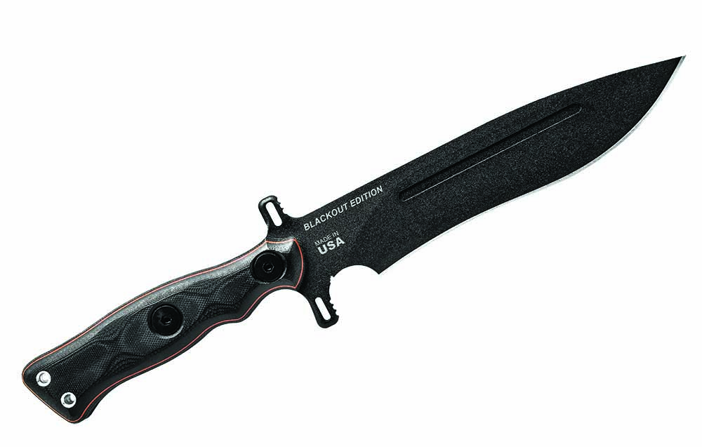 Every TOPS knife save one design is manufactured at the company’s shop in eastern Idaho. An example is the Blackout Edition of the Operator 7 in a 7.25-inch blade of 5/16-inch-thick 1075 carbon steel with a Black Traction Coating. MSRP: $240.