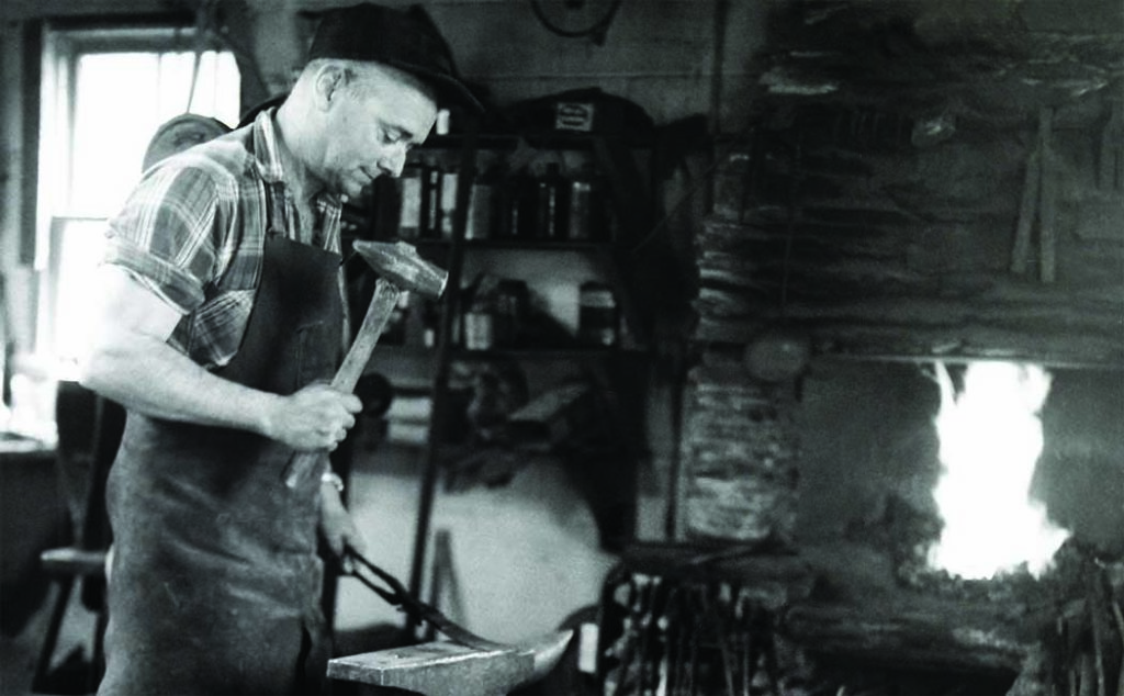 Bill Moran hammers away in his knife shop in this vintage photograph. The shop stands about 100 yards from the new Academy. The knife is the ST-24, considered one of the finest Moran knives ever. (Images from William F. Moran, Jr.: “Forever A Legend”)