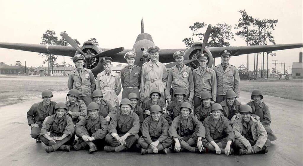 Pilot Al Gordon’s “A” flight at the Orlando Air Base. Behind the crew is a P-61 Black Widow