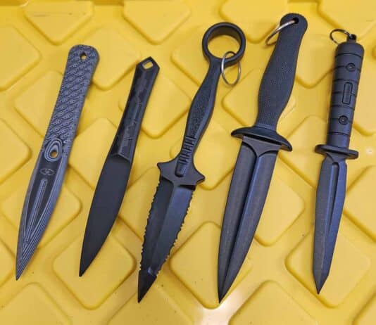 Non-metallic blades, from left: VZ Grips Executive Gen 2, Kershaw Interval, Cold Steel FGX Ring Dagger, Cold Steel FGX Boot Dagger and Kershaw Arise.