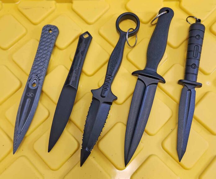 Non-metallic blades, from left: VZ Grips Executive Gen 2, Kershaw Interval, Cold Steel FGX Ring Dagger, Cold Steel FGX Boot Dagger and Kershaw Arise.