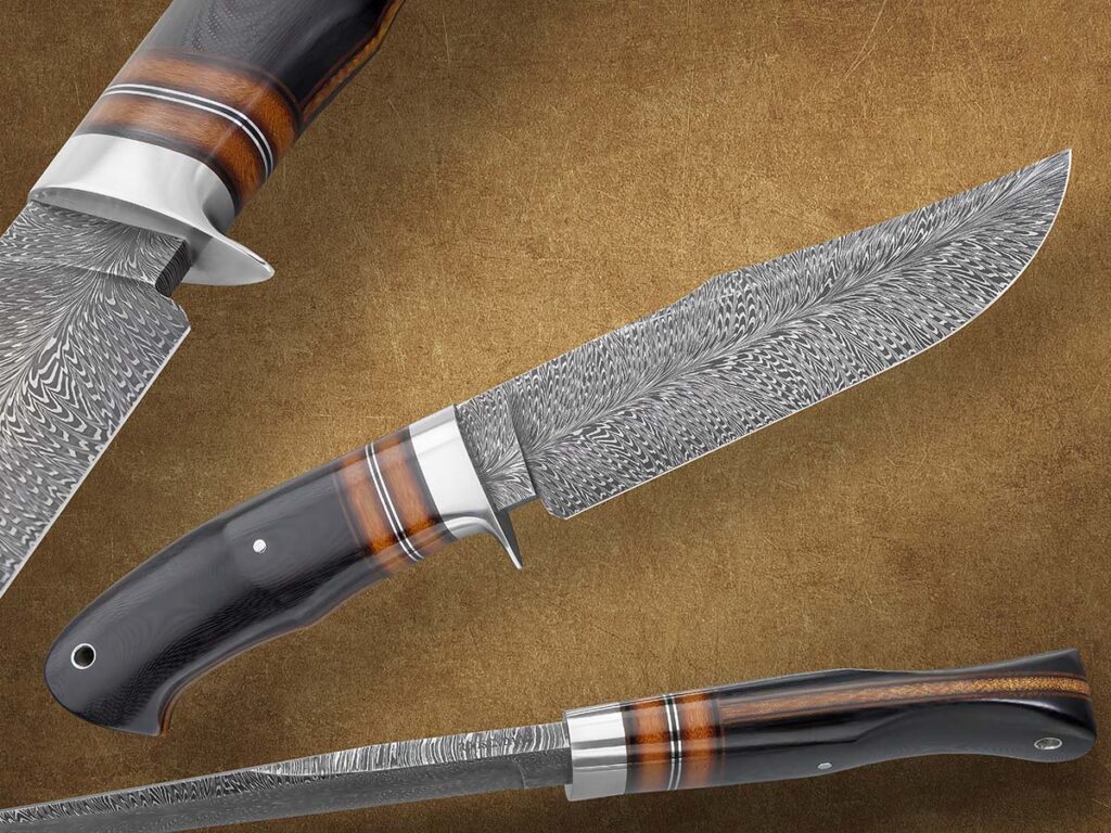 Chris Roosendaal’s feather pattern in 1084 carbon- and 15N20 nickel-alloy steels borders on the mesmerizing. The scales are black G-10 and Micarta®. Overall length: 11.22 inches. (Rod Hoare image)