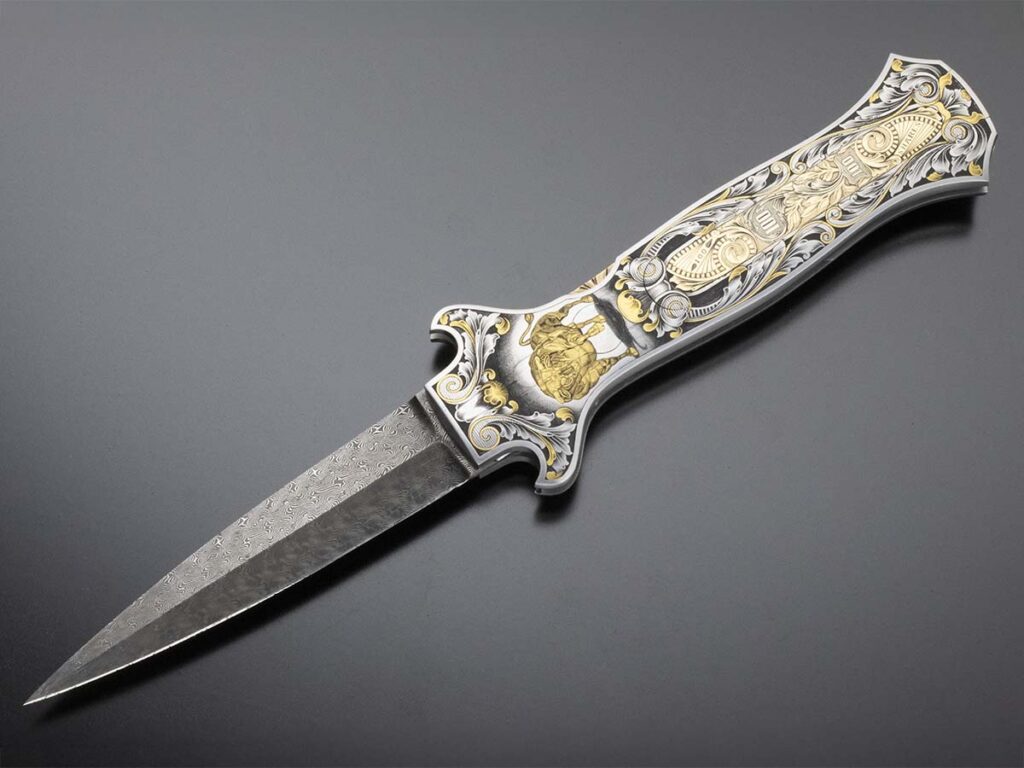 One of the pioneers in—and a most outstanding forger of—Turkish twist damascus is Jerry Rados (inset), who forged the steel for the Wall Street Knife by Joe Kious. Jerry’s Turkish twist has what Steve Schwarzer calls a kaleidoscopic appearance. (KnifePurveyor.com knife image)