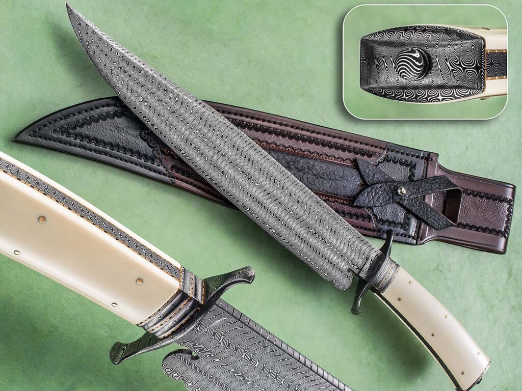 “While a simple twist pattern is rather mundane,” Bill Burke noted, “when four or more bars are twisted in opposite directions and stacked one on top of the other to create a Turkish twist, the result can be striking.” A lavish five-bar Turkish-twist damascus comprises the blade, including the Spanish notch at the base of the edge, on Mike Quesenberry’s Mediterranean bowie. (SharpByCoop image)
