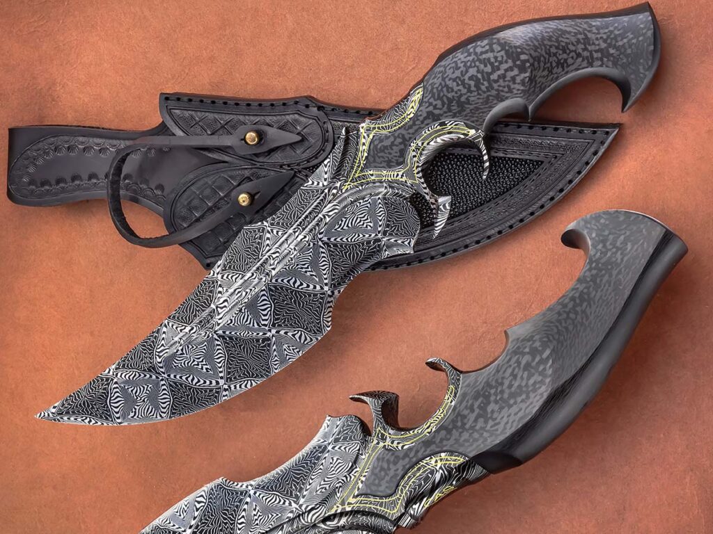 Mike Quesenberry stated the black and silver contrast of mosaic patterns can do “all kinds of crazy, wild things. It is huge with so many possibilities, and it turns out to be a really good pattern that some like in a fine look and others prefer in a bold statement.” The Sobral Brothers go bold with the pattern on their keyhole subhilt fighter. Overall length: 13 inches. (SharpByCoop image)