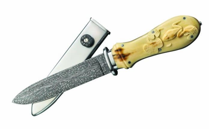 Period Knives 1 The Frog Knife by Jon Christensen is a San Francisco-style dress bowie with a back story. “I had seen the Poppy Knife that Michael Price made and thought I would do my version,” he related. “I took the knife to the BLADE Show, and it didn’t find its owner. Then, the handle got ruined, and I just took the opportunity to rehandle it with the frogs and lily pads.” Overall length: 10 inches. (SharpByCoop image)