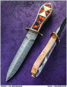 BLADE Magazine Cutlery Hall-Of-Fame® member Jim Sornberger’s interpretations of the Michael Price San Francisco/small dress bowie have won awards at various venues, including Best of Show at the 2019 International Custom Cutlery Exhibition in Fort Worth, Texas. This period knife features a blade in Vegas Forge stainless barstock AEBL and 412 stainless steels and san-mai damascus with a solid core. The guard and wrap handle are in Mike Sakmar mokumé barstock. Jim’s price for a similar knife: $3,500. (SharpByCoop image)