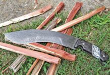The Kukri worked great for chopping, easily rendering red cedar firewood into kindling.