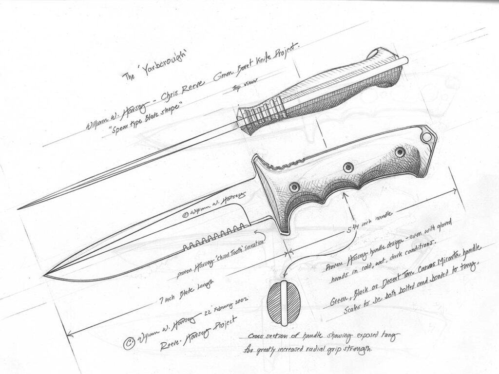 There are very talented people who can’t freehand a drawing of something in their imagination, but give them a clear idea and they can do it with a dedication to detail few ever achieve. Cutlery Hall-of-Famer Bill Harsey’s drawing in 2002 of the “Yarborough” for the Reeve-Harsey Green Beret Knife Project reflects his prodigious artistic talent. (image courtesy of Bill Harsey)