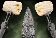 Steve Schwarzer relates that he has tailored his martial arts training to incorporate the push dagger, though perhaps not one as ornate as the one pictured. A mesmerizing 3 3/4” mosaic damascus blade is mated to an antler handle with faces carved at the ends of the grip. (Jocelyn Frasier image)