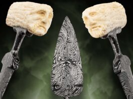 Steve Schwarzer relates that he has tailored his martial arts training to incorporate the push dagger, though perhaps not one as ornate as the one pictured. A mesmerizing 3 3/4” mosaic damascus blade is mated to an antler handle with faces carved at the ends of the grip. (Jocelyn Frasier image)