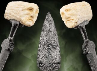 Pull Of The Push Dagger Steve Schwarzer relates that he has tailored his martial arts training to incorporate the push dagger, though perhaps not one as ornate as the one pictured. A mesmerizing 3 3/4” mosaic damascus blade is mated to an antler handle with faces carved at the ends of the grip. (Jocelyn Frasier image)