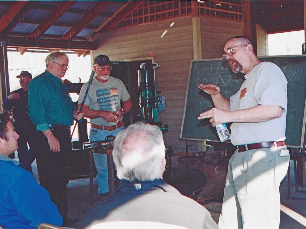 Standing, from right: Don Fogg, Steve Schwarzer and Jim Batson during a class at a past Batson’s Bladesmithing Symposium.