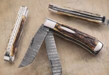 Bill Ruple and Devin “Hoss” Thomas teamed up on Bill’s saddlehorn trapper, with Hoss supplying the stainless damascus in a ladder pattern. (SharpByCoop image)