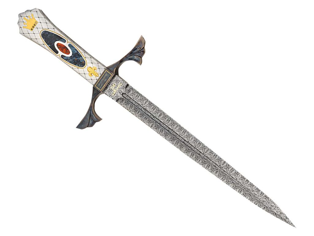 John Horrigan’s 16.5-inch Kings Dagger features Gorgon flower damascus, petersite, a red agate, and 24k-gold engraving with a ruby, diamond, sapphire and emerald inset in the crown. John’s price for a similar knife: $14,500. (Jocelyn Frasier image)