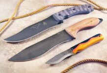 From top: TOPS Longhorn, W. R. Case Laramy Miller Sasquatch Bowie and Bear Forest Custom Recurve.