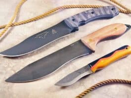 From top: TOPS Longhorn, W. R. Case Laramy Miller Sasquatch Bowie and Bear Forest Custom Recurve.
