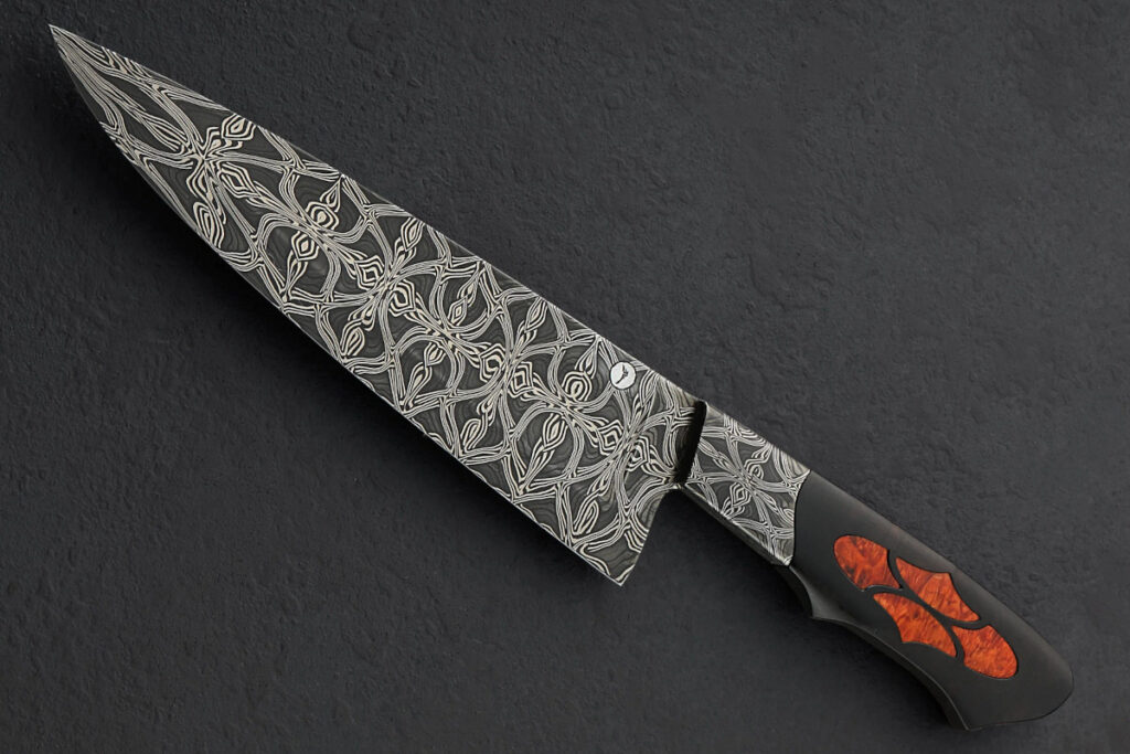 Knives in the kitchen are a given but including one by bladesmith Salem Straub is not. In the author’s perfect household cutlery world, one would be. An example: Salem’s Guimard chef’s knife in mosaic damascus. (EatingTools.com image)