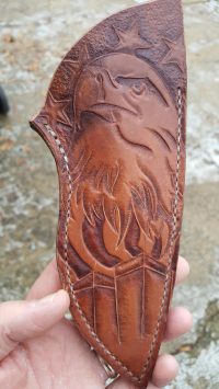 Craig Myles leatherwork makes this WTC knife by Barefoot Custom Knives a one of a kind combo.