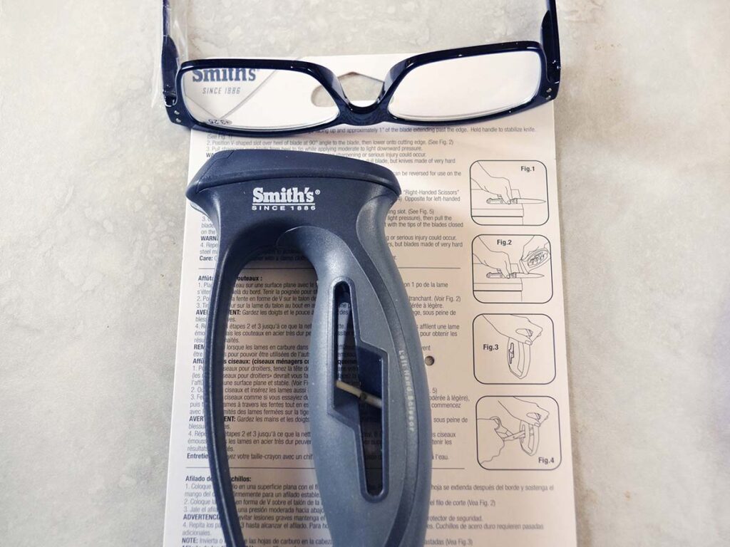 You may need your reading glasses to decipher the instructions for the Smith’s V-Slot Knife & Scissors Sharpener.