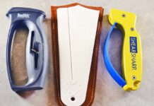 The three test scissors sharpeners range from quick ‘n easy to sit a spell. From left: Smith’s V-Slot Knife & Scissors Sharpener, Spyderco Golden Stone and AccuSharp ShearSharp Scissors Sharpener. (Covert image)
